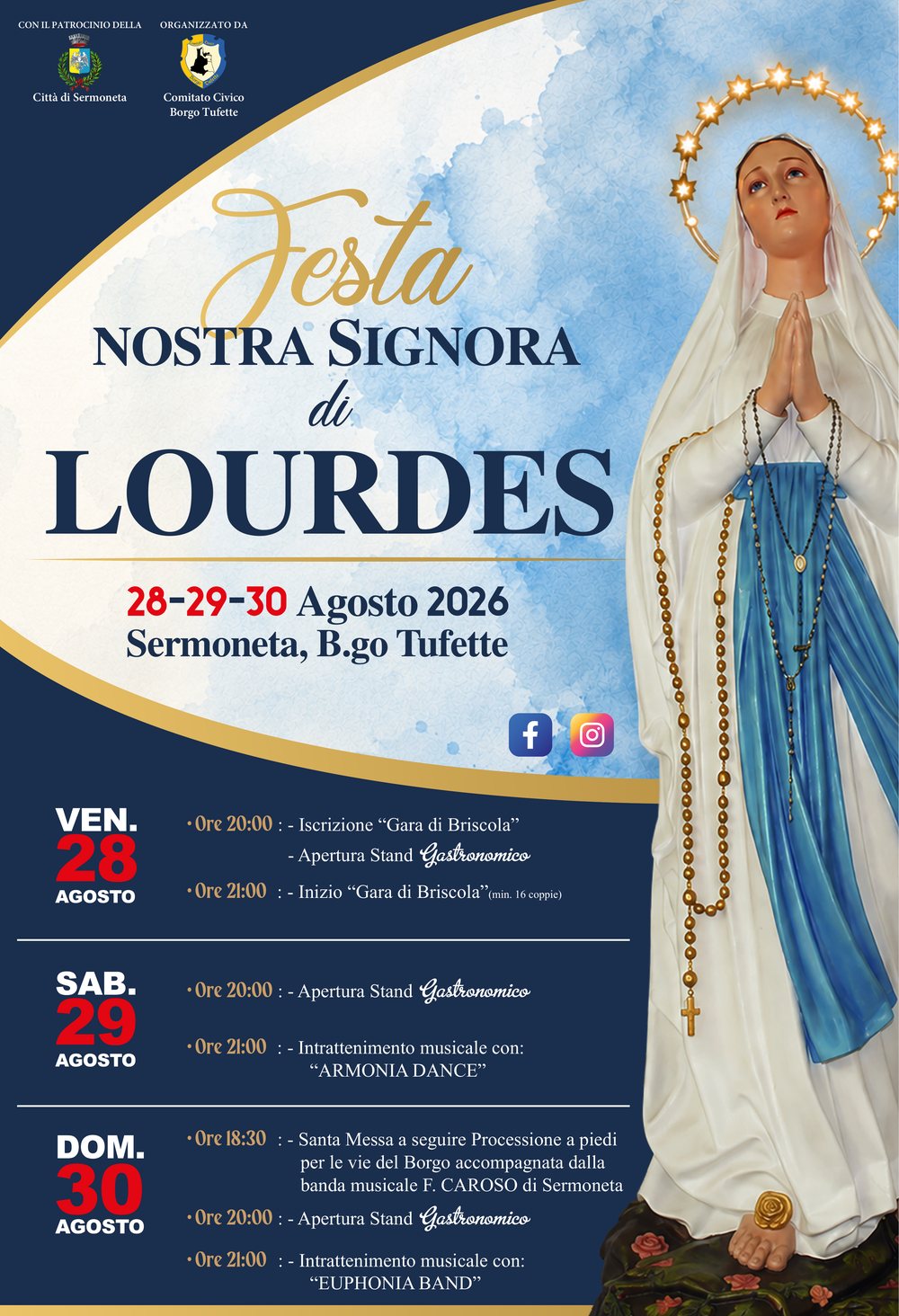 Locandina della Festa di Nostra Signora di Lourdes, 28-29-30 agosto 2026 a Borgo Tufette, Sermoneta